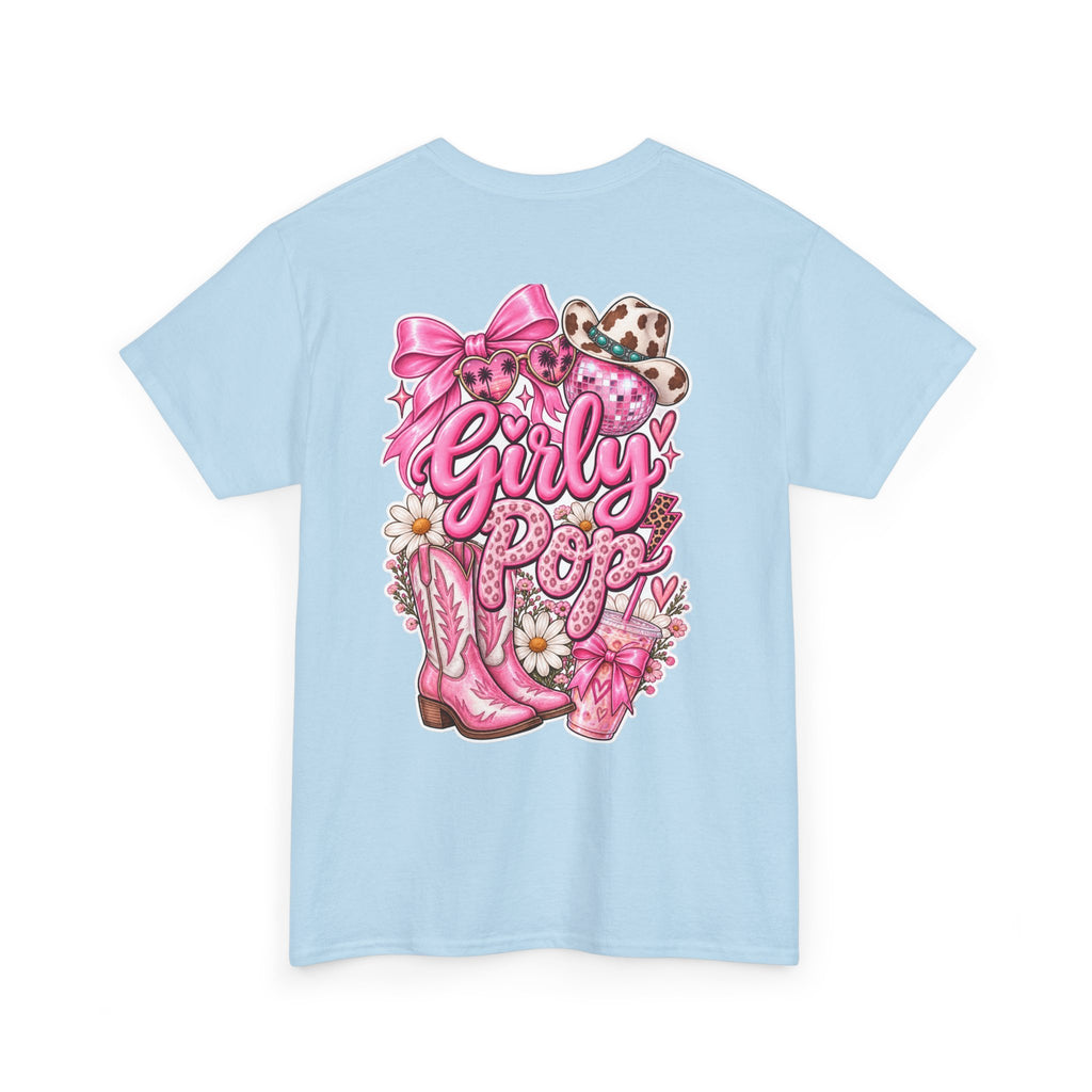 Girly Pop Graphic Tee — Pink Cowgirl Boots & Floral Back Print