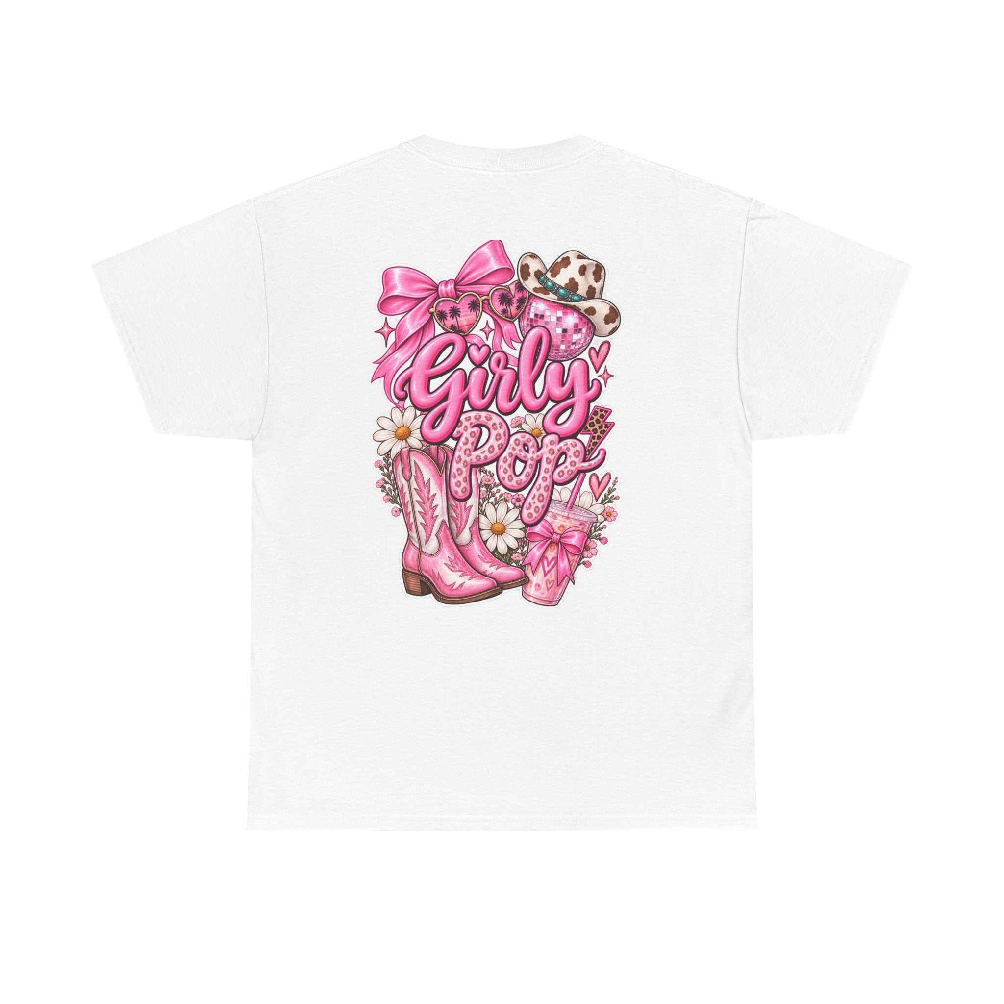 Girly Pop Graphic Tee — Pink Cowgirl Boots & Floral Back Print