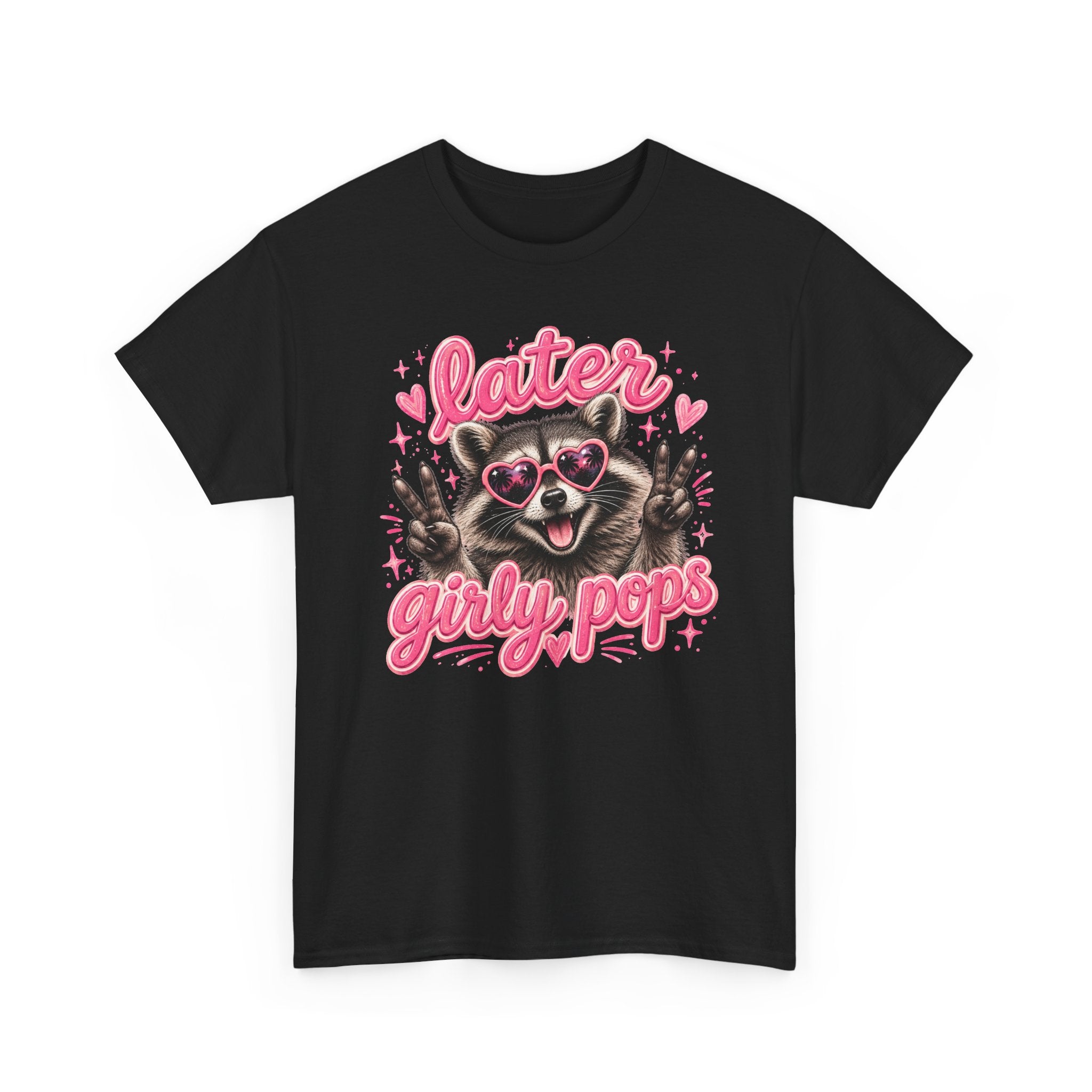 Later Girly Pops Tee — Cute Raccoon Peace Sign Graphic T‑Shirt