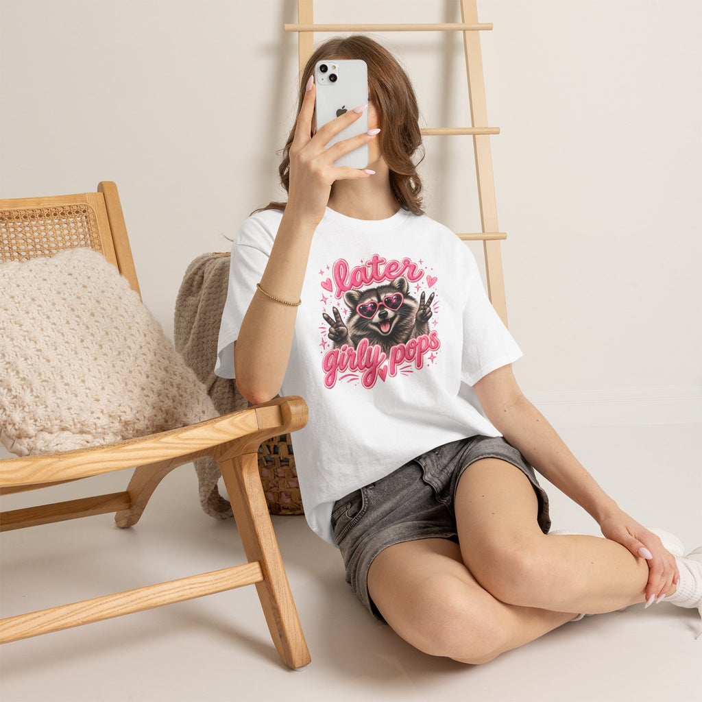 Later Girly Pops Tee — Cute Raccoon Peace Sign Graphic T‑Shirt