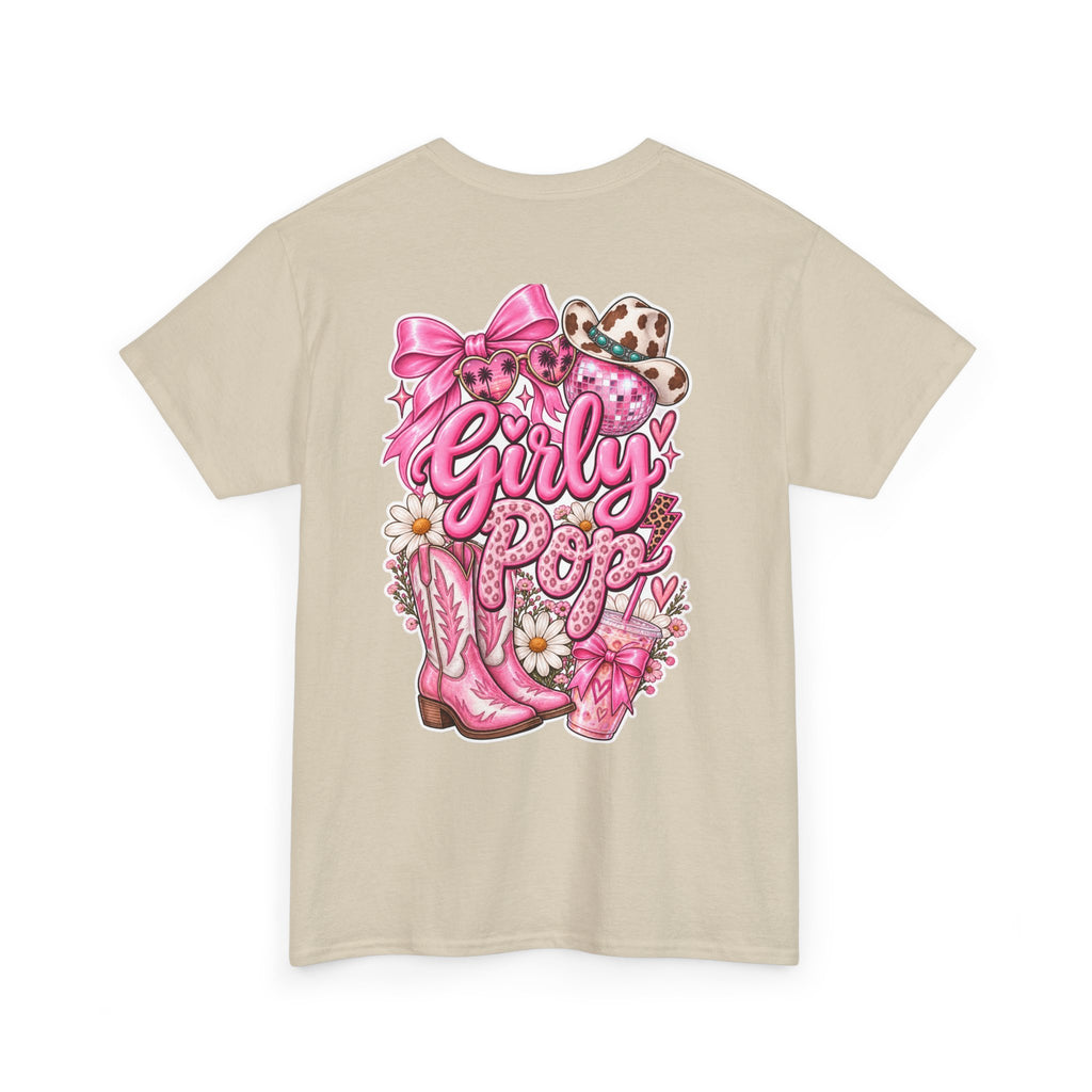 Girly Pop Graphic Tee — Pink Cowgirl Boots & Floral Back Print