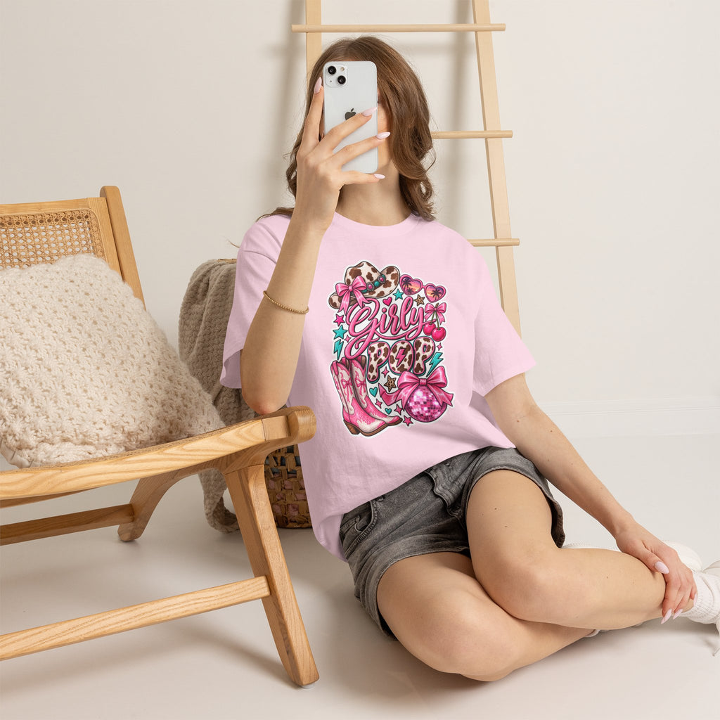 Girly pop Leopard Cowboy Boots Graphic Tee — Pink Cowgirl Design