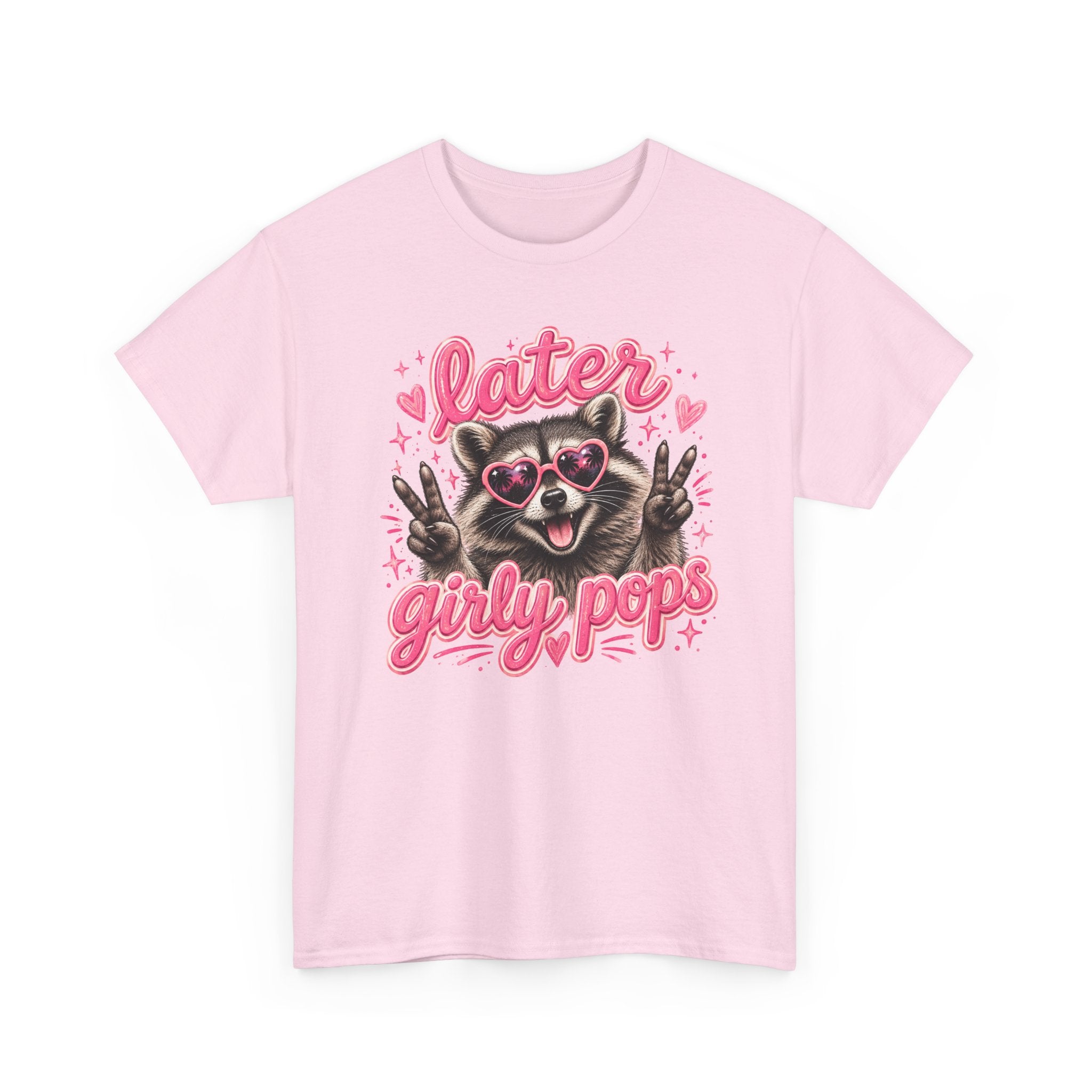 Later Girly Pops Tee — Cute Raccoon Peace Sign Graphic T‑Shirt
