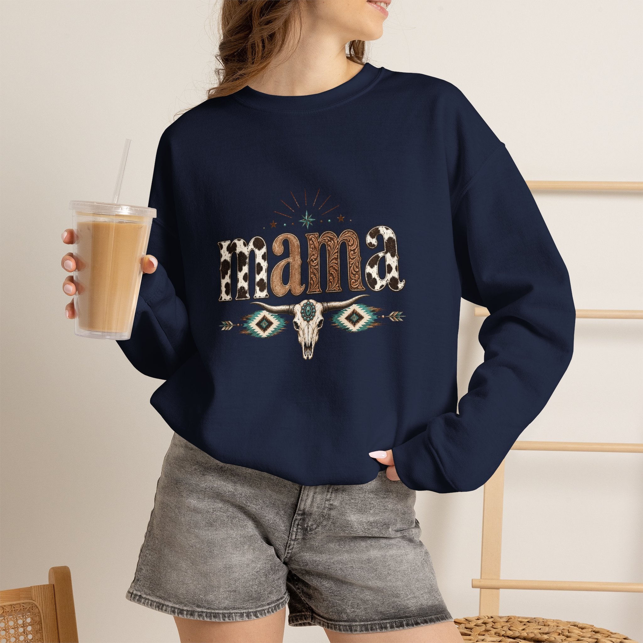 Mama Southwestern Skull sweatshirt | Cowhide Lettering, Turquoise Accents