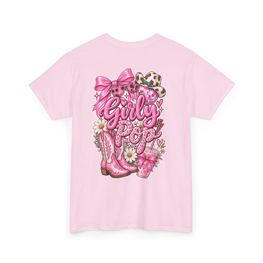 Girly Pop Graphic Tee — Pink Cowgirl Boots & Floral Back Print