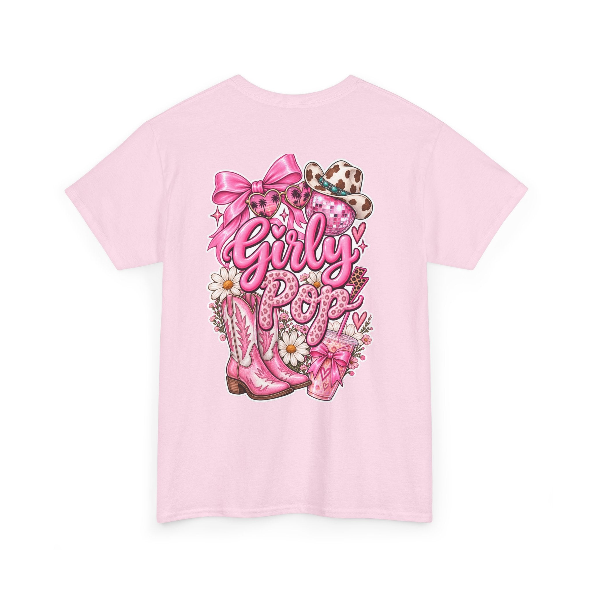 Girly Pop Graphic Tee — Pink Cowgirl Boots & Floral Back Print