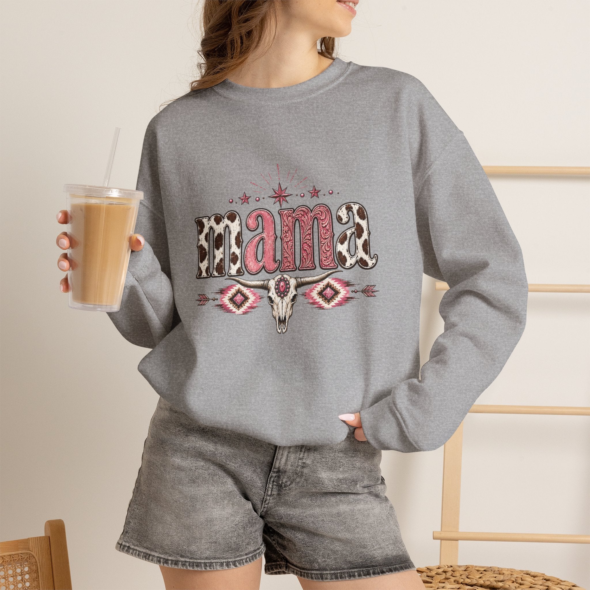 Mama southwestern skull sweatshirt | Boho cowhide lettering crewneck