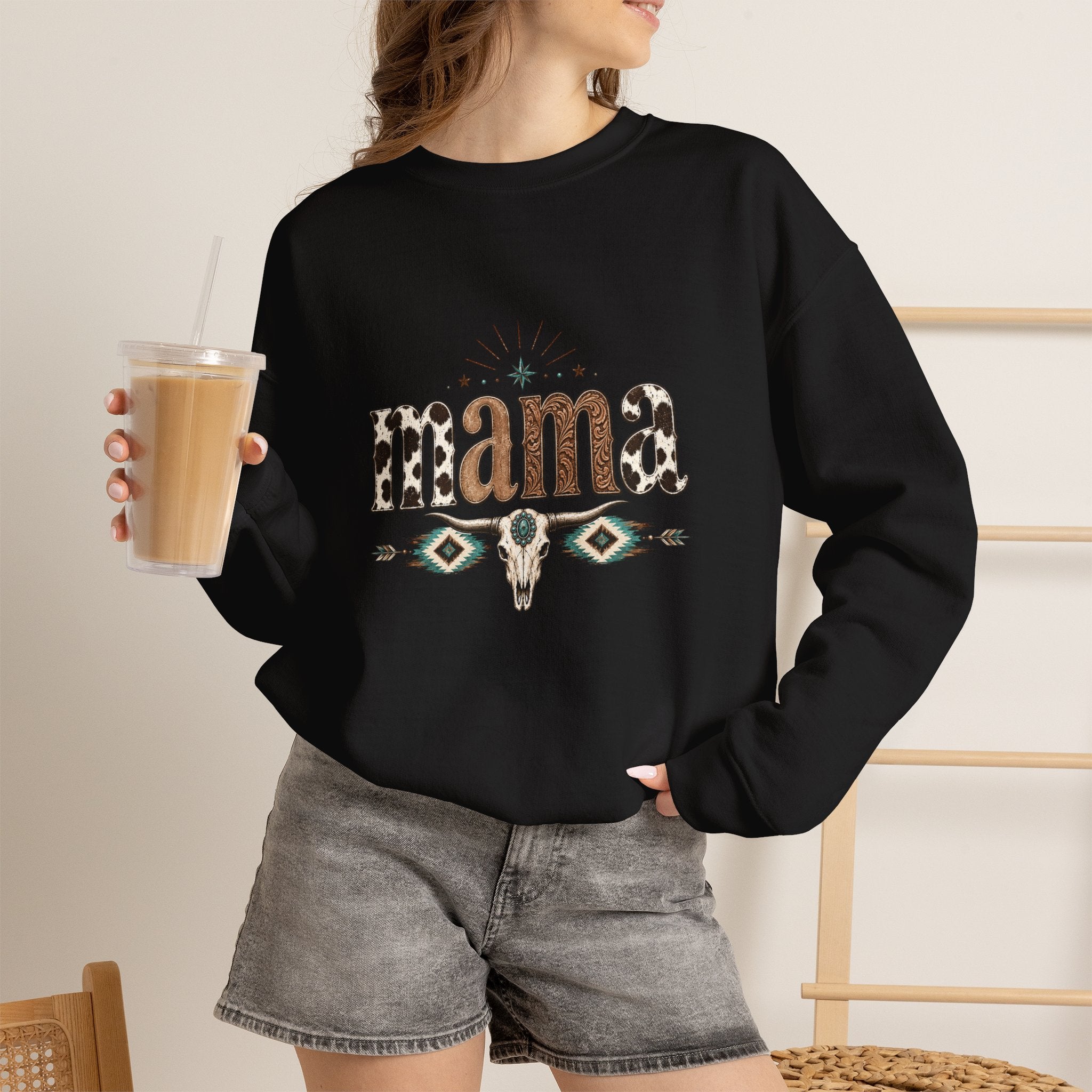 Mama Southwestern Skull sweatshirt | Cowhide Lettering, Turquoise Accents