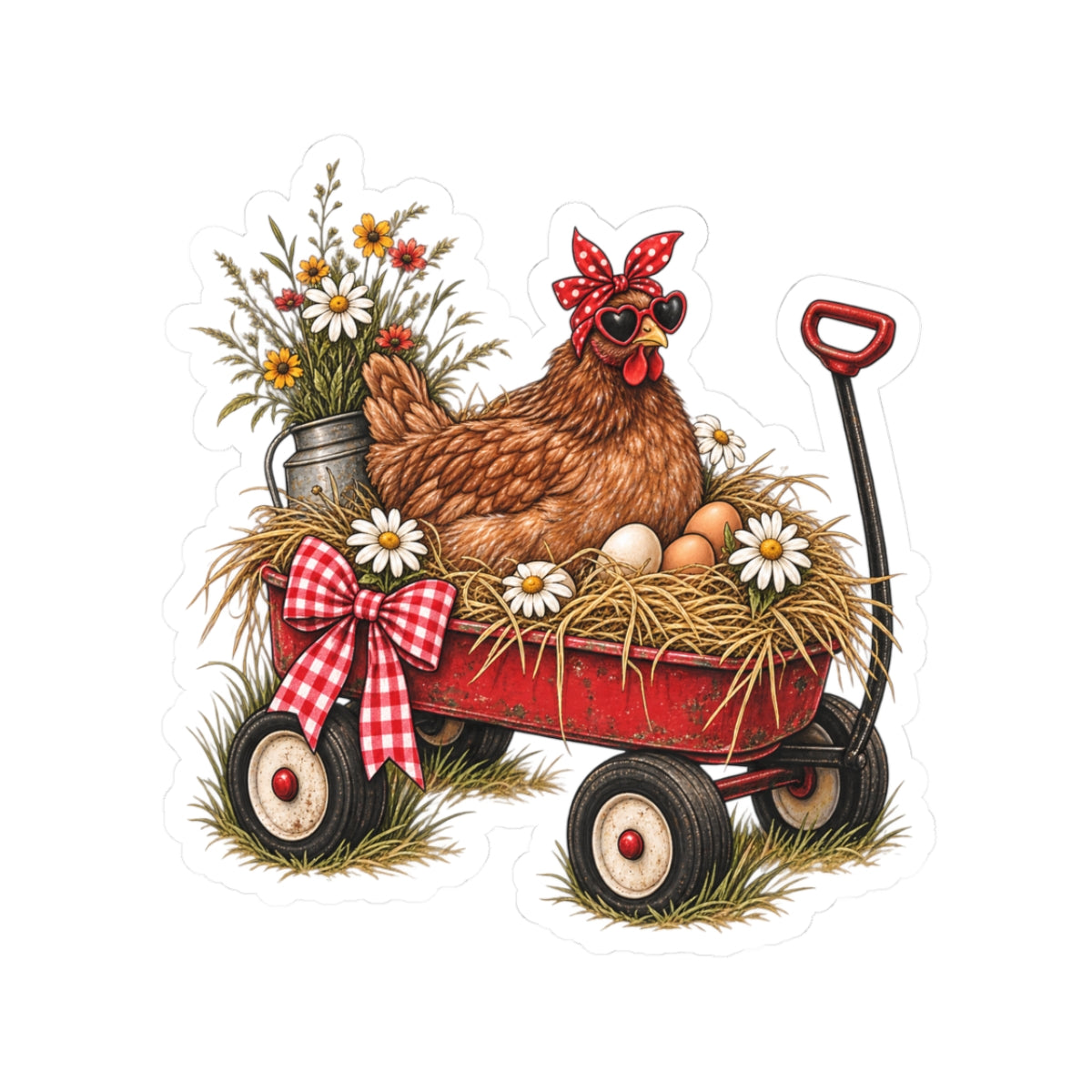 Chicken in red wagon