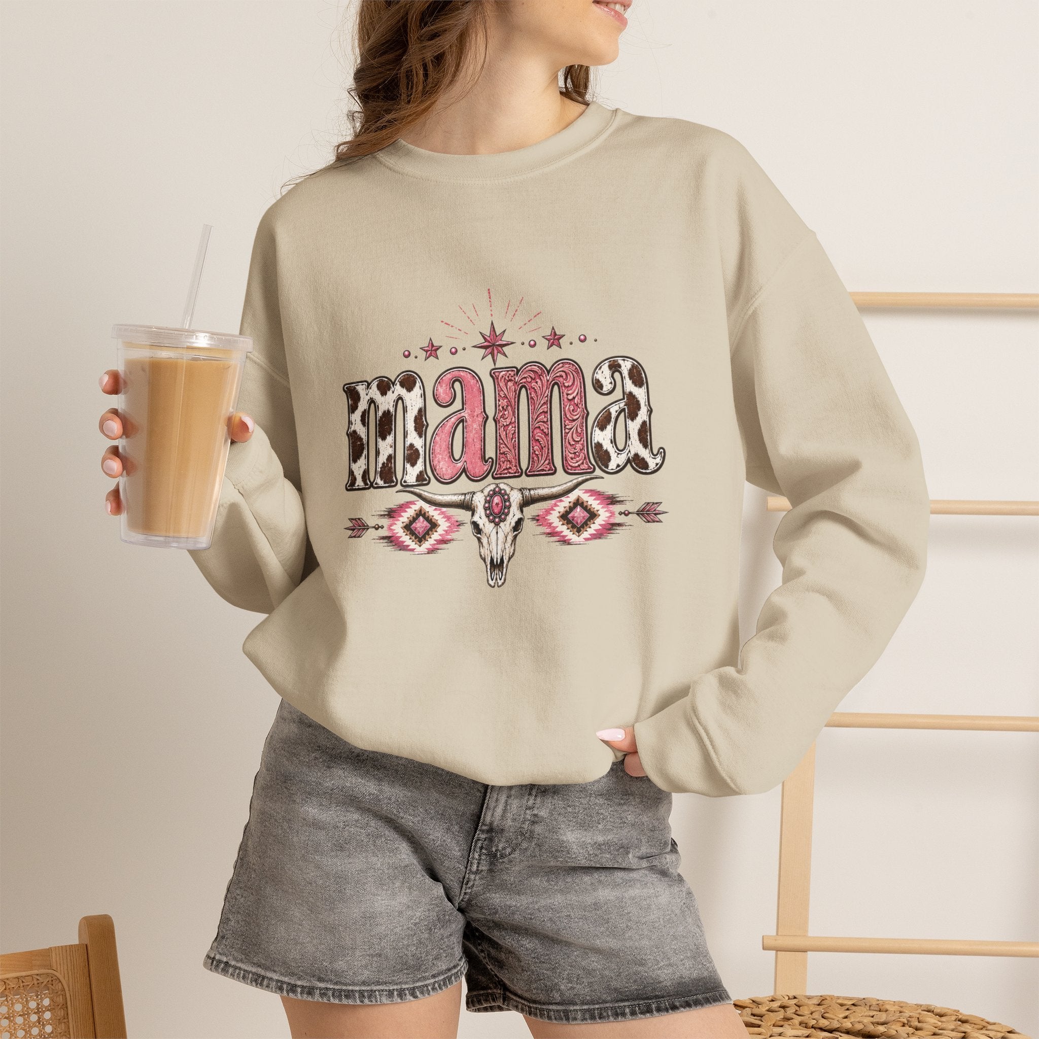 Mama southwestern skull sweatshirt | Boho cowhide lettering crewneck