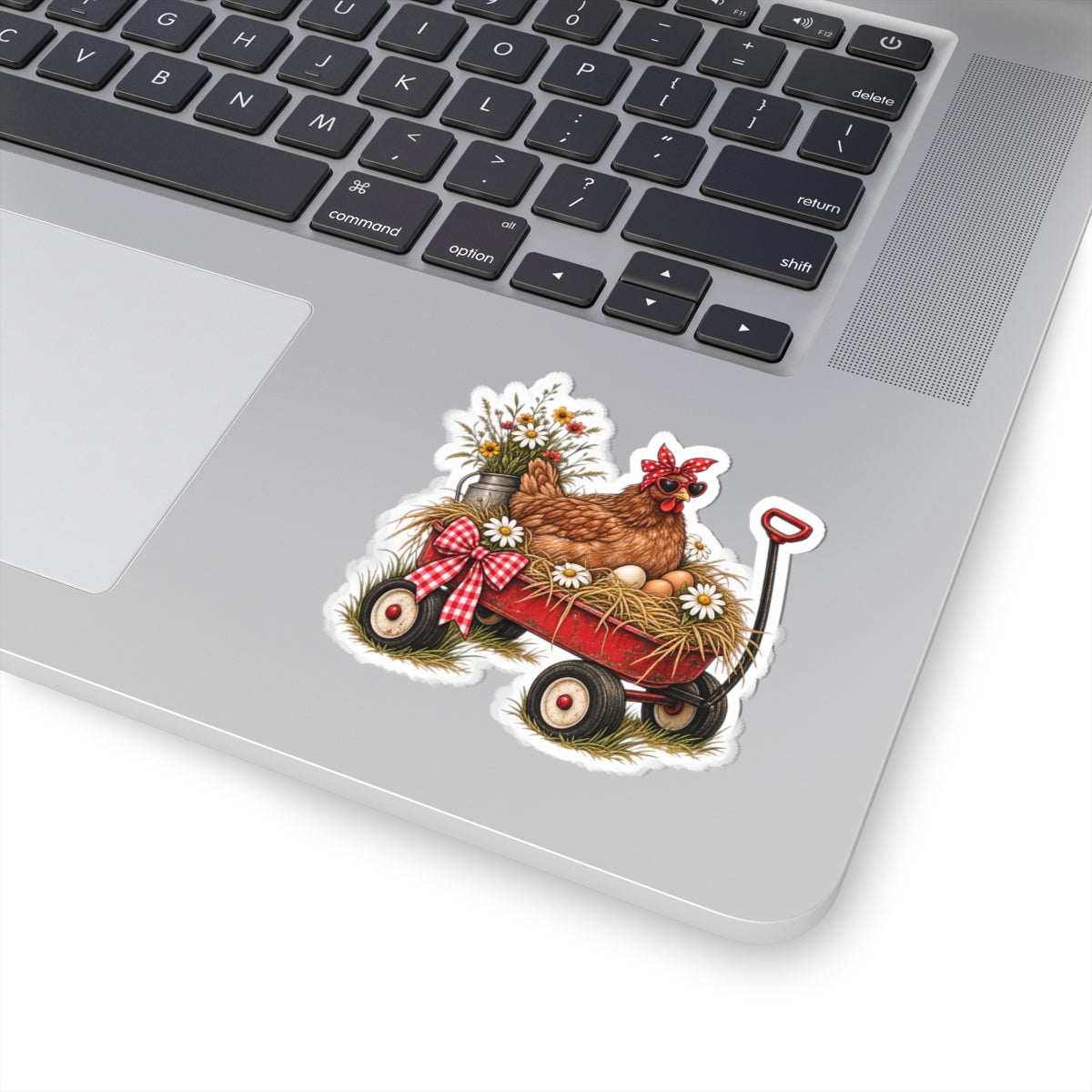 Chicken in red wagon