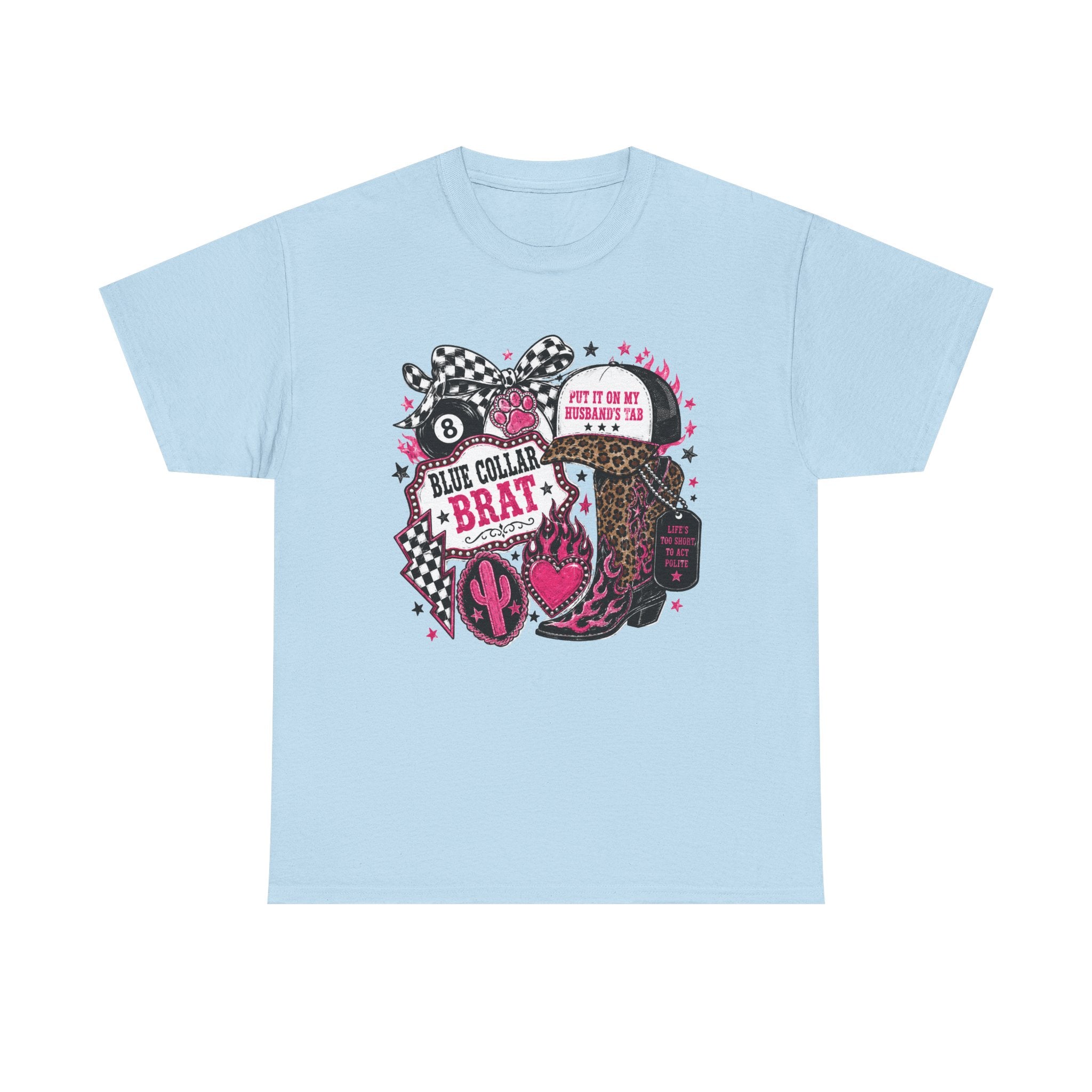 Blue Collar Brat Tee | Cowgirl Boots, Bandana, Leopard Print, Heart Graphic