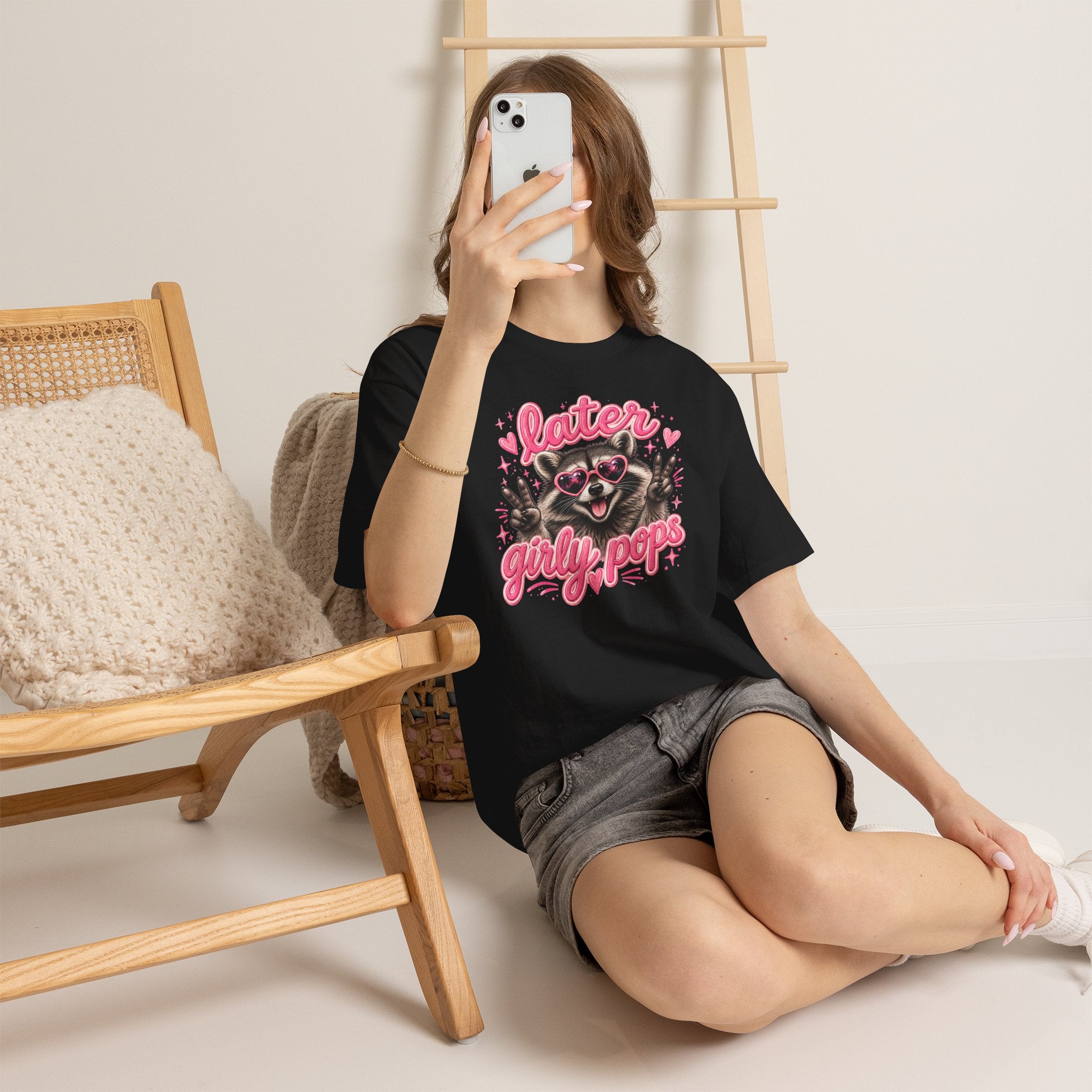 Later Girly Pops Tee — Cute Raccoon Peace Sign Graphic T‑Shirt