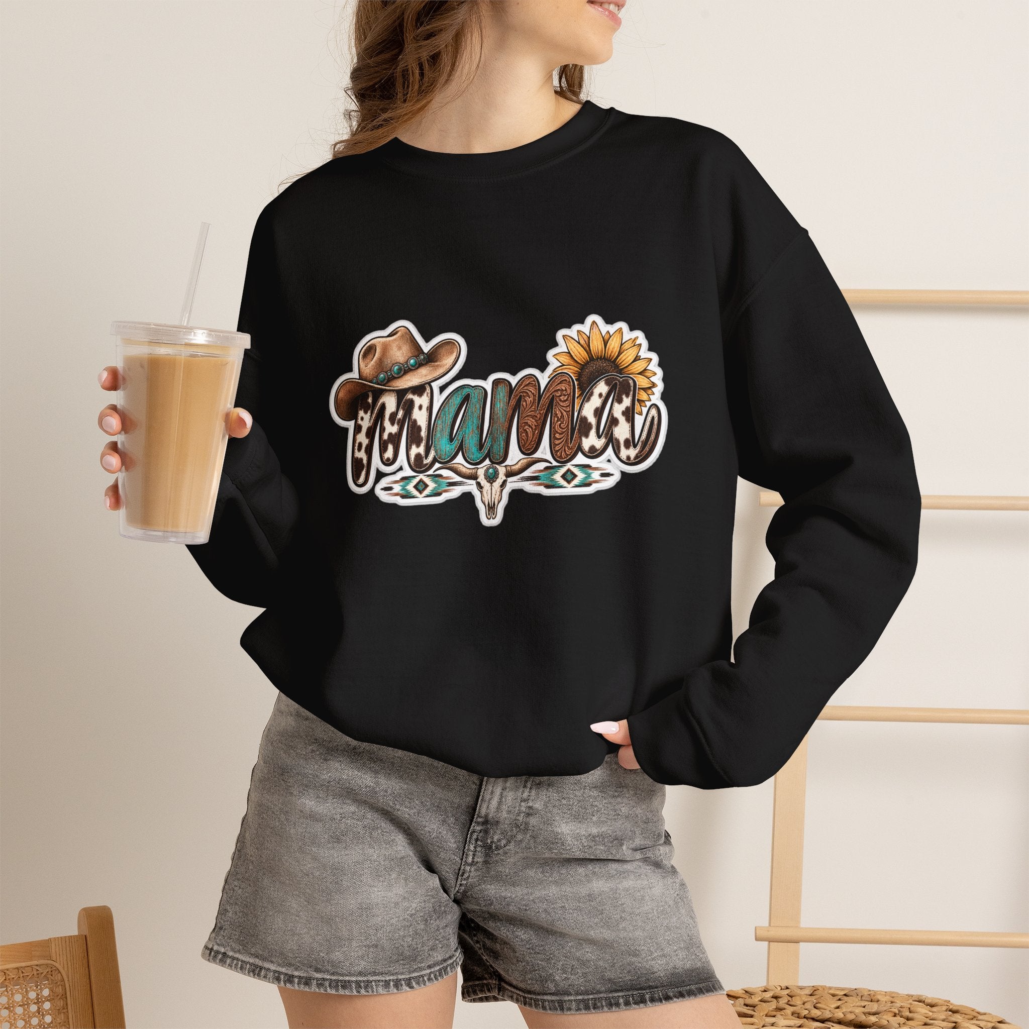 Mama Western script with cowboy hat and sunflower Sweatshirt | Southwestern ranch style