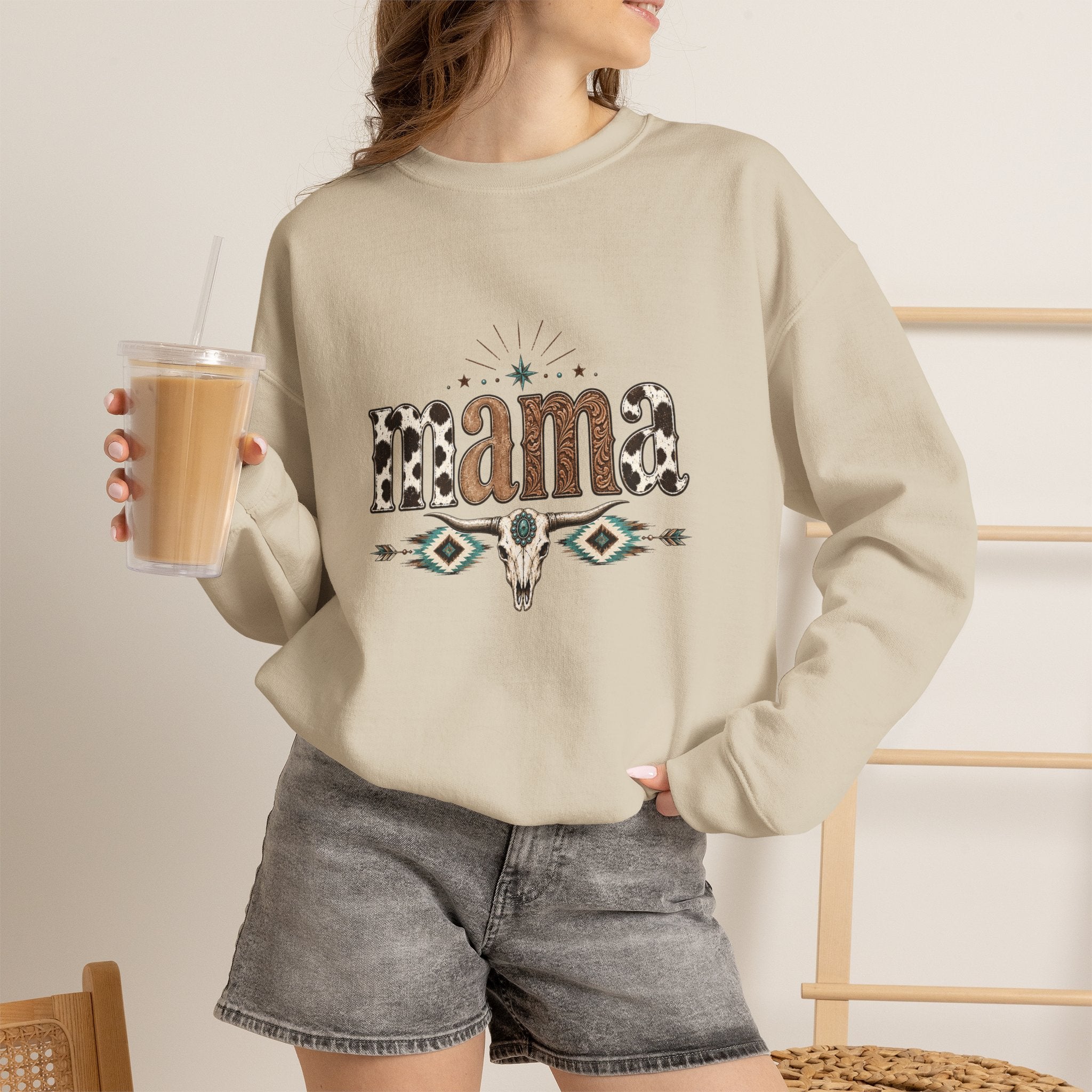 Mama Southwestern Skull sweatshirt | Cowhide Lettering, Turquoise Accents