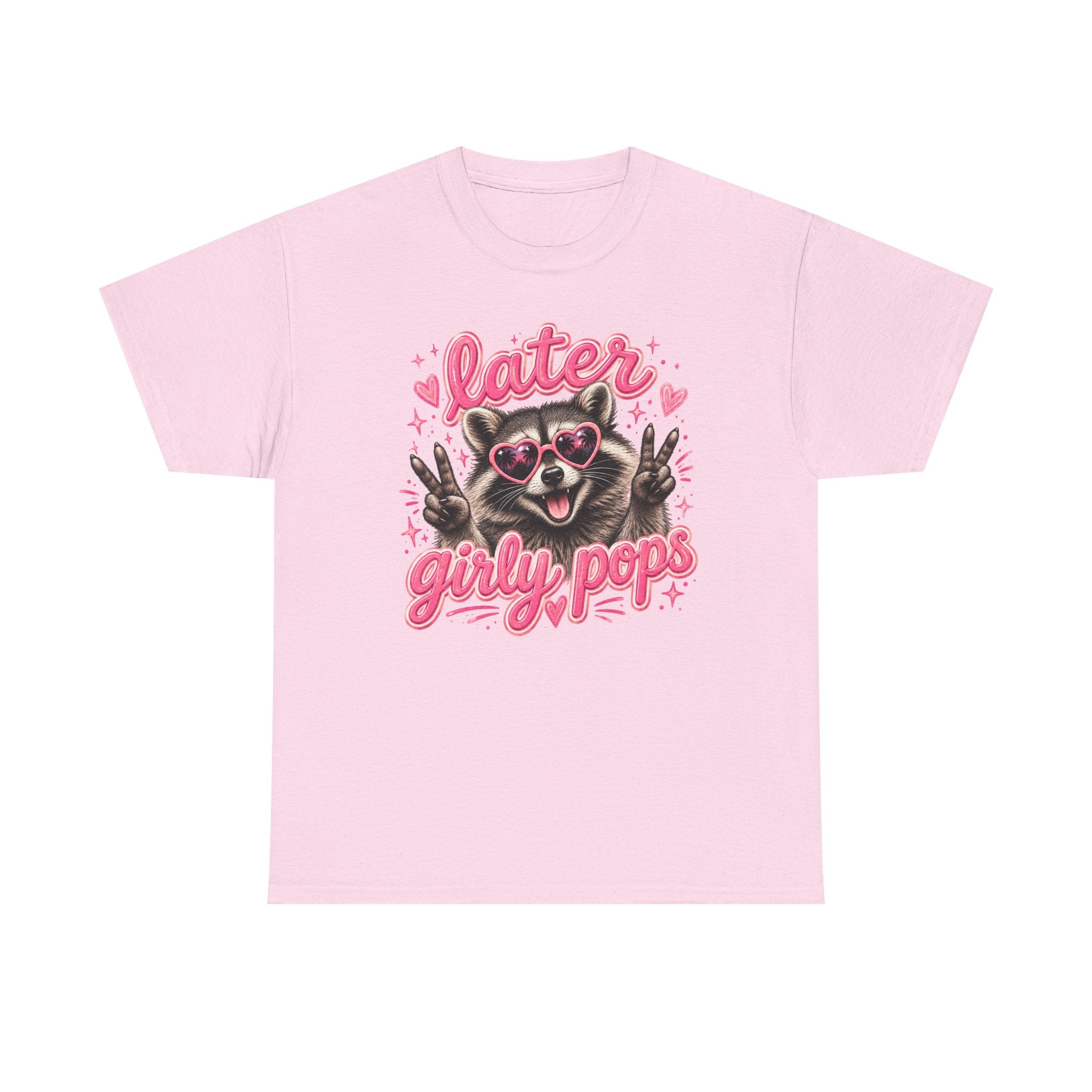 Later Girly Pops Tee — Cute Raccoon Peace Sign Graphic T‑Shirt