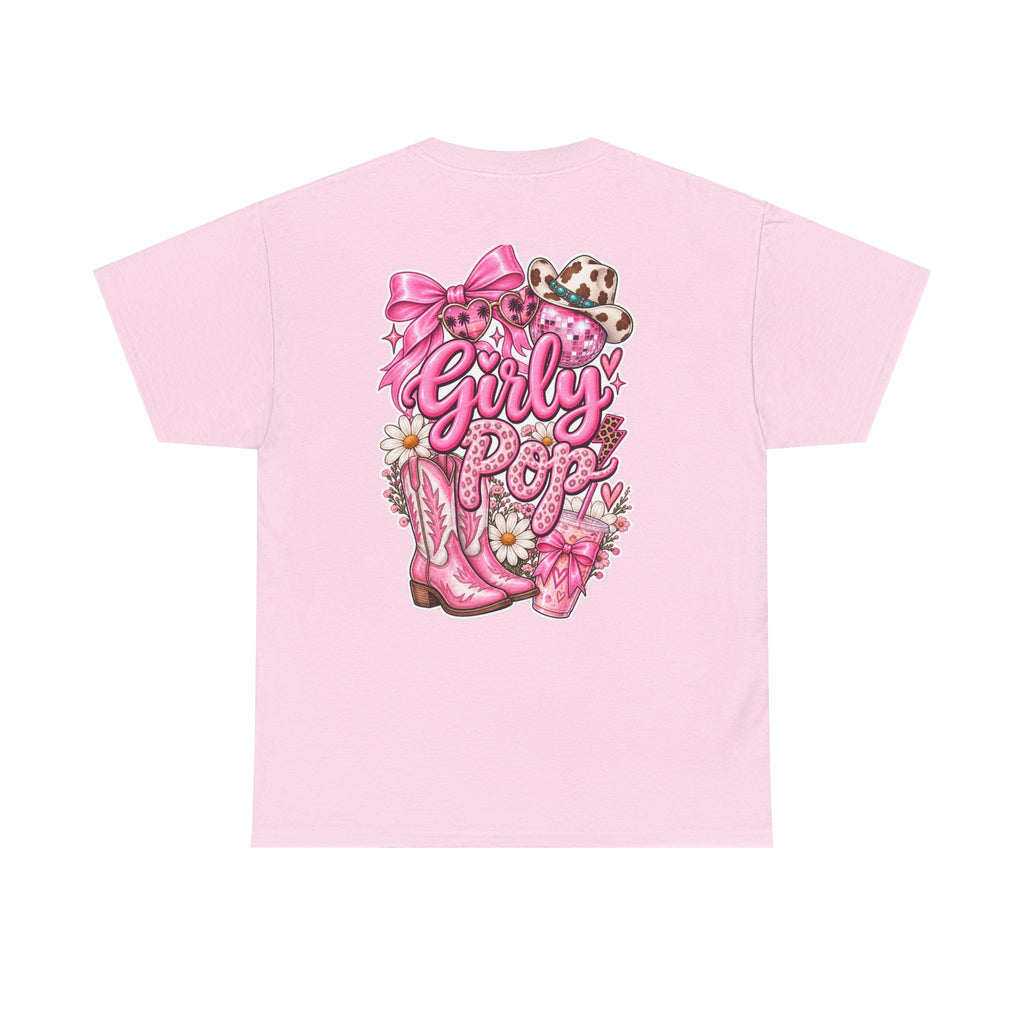 Girly Pop Graphic Tee — Pink Cowgirl Boots & Floral Back Print