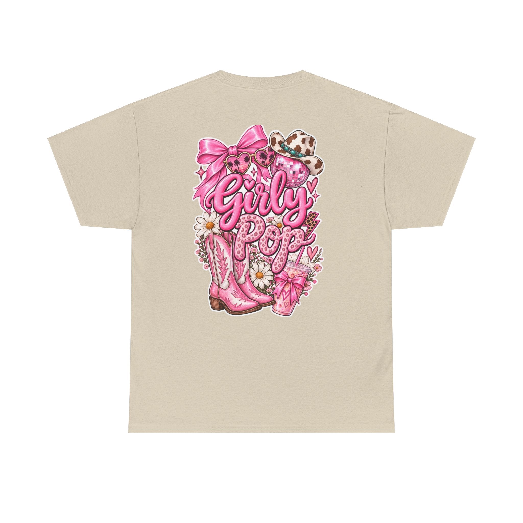 Girly Pop Graphic Tee — Pink Cowgirl Boots & Floral Back Print