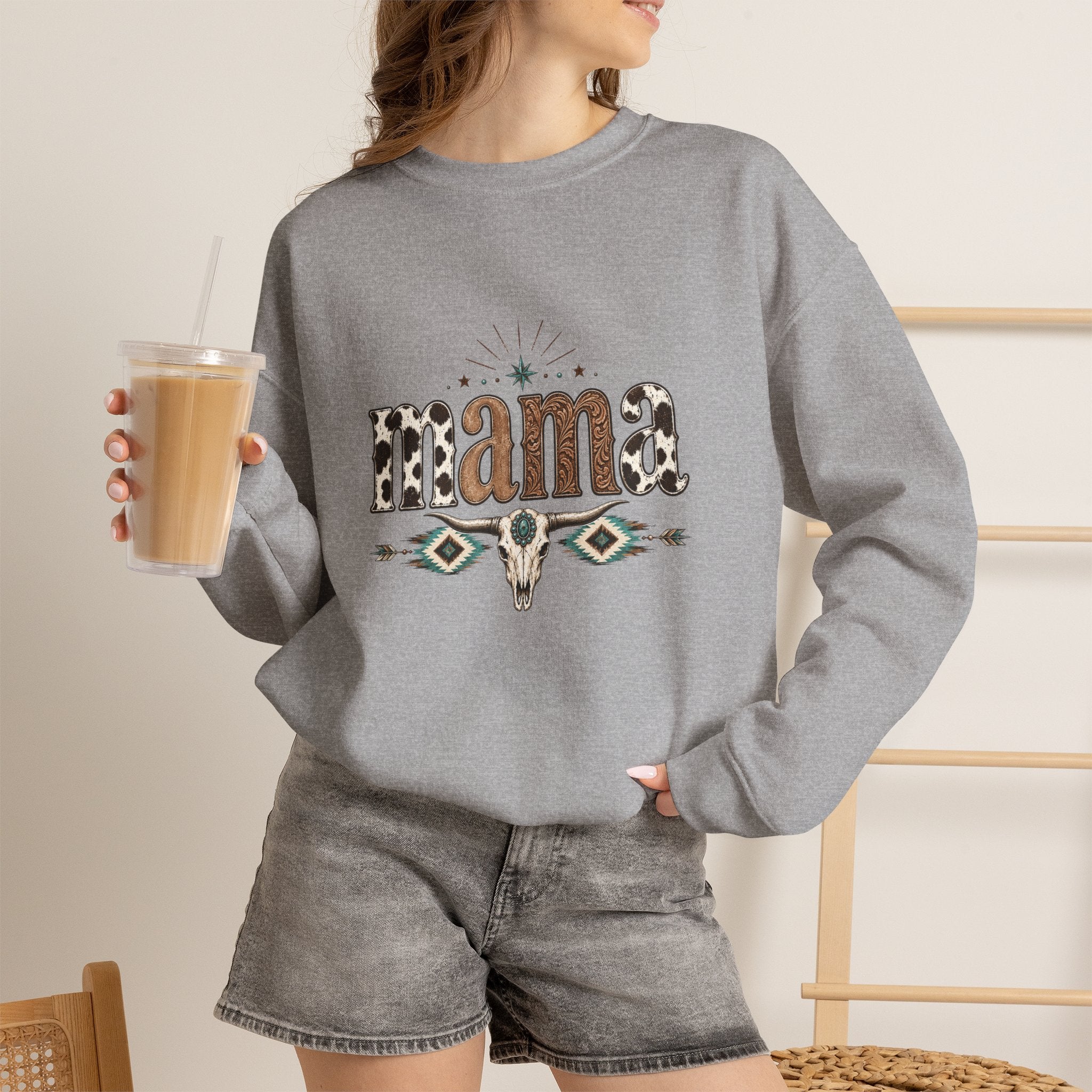 Mama Southwestern Skull sweatshirt | Cowhide Lettering, Turquoise Accents