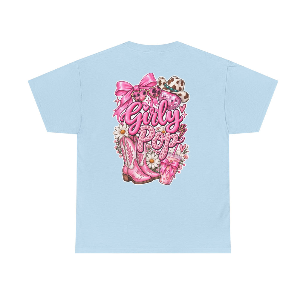 Girly Pop Graphic Tee — Pink Cowgirl Boots & Floral Back Print