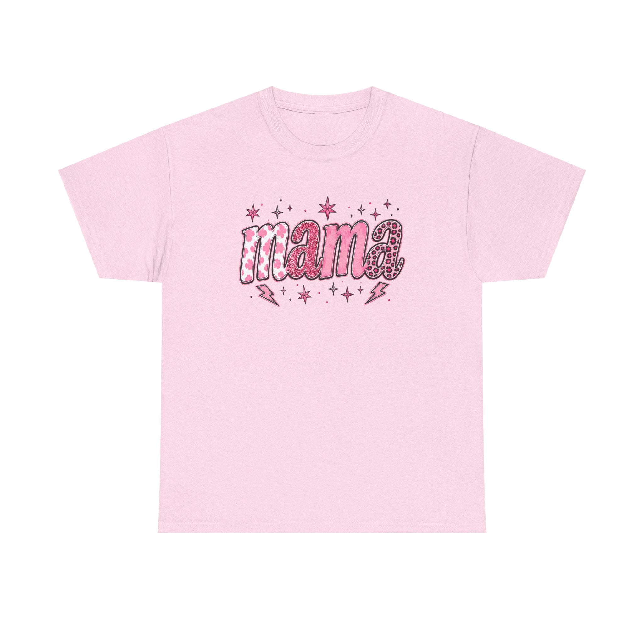 Mama Retro Script Tee | Pink Leopard Letters, Stars & Lightning
