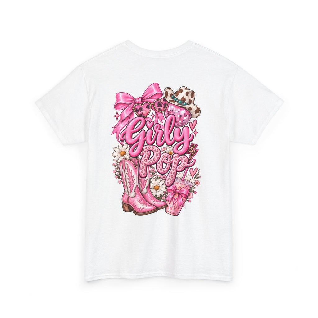 Girly Pop Graphic Tee — Pink Cowgirl Boots & Floral Back Print