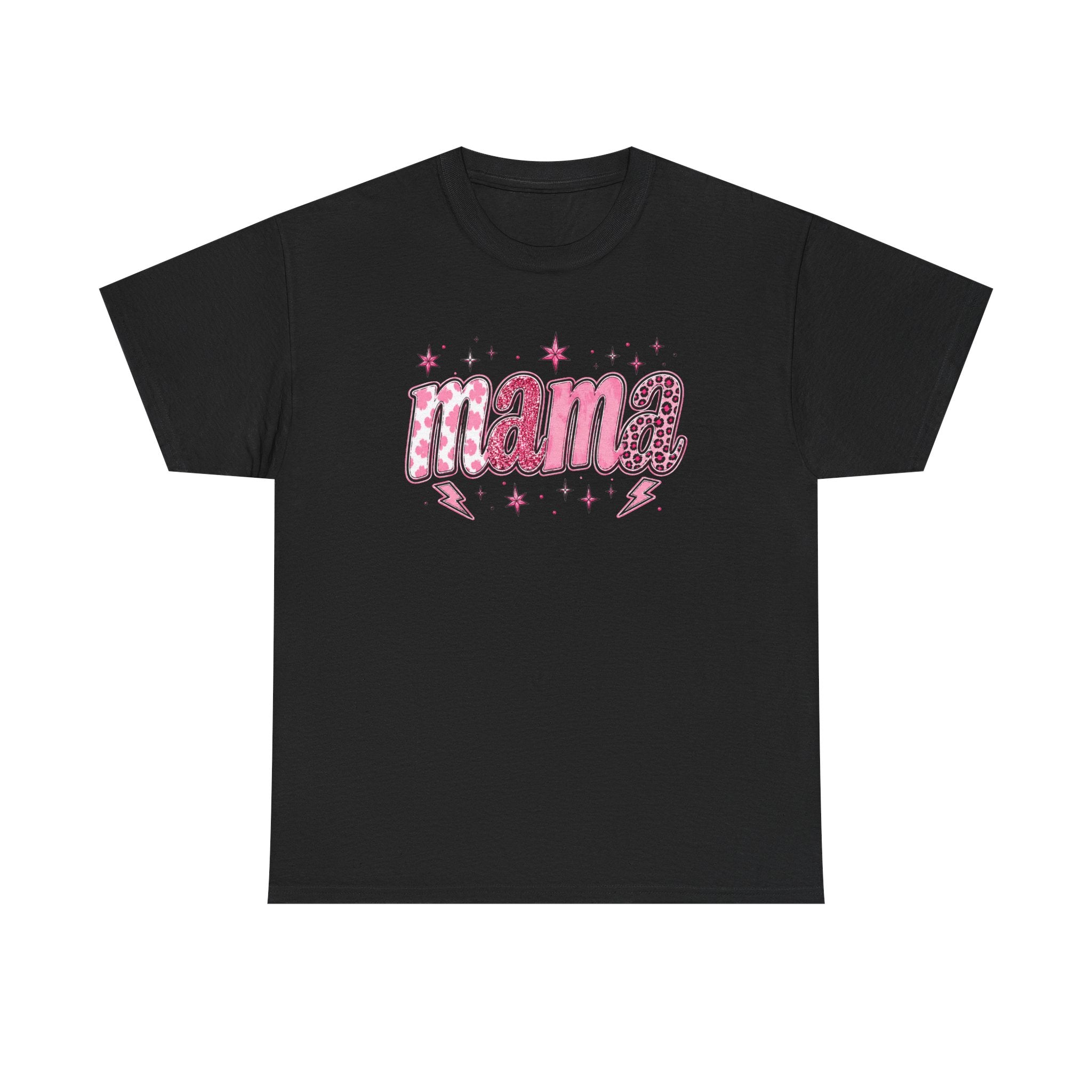 Mama Retro Script Tee | Pink Leopard Letters, Stars & Lightning