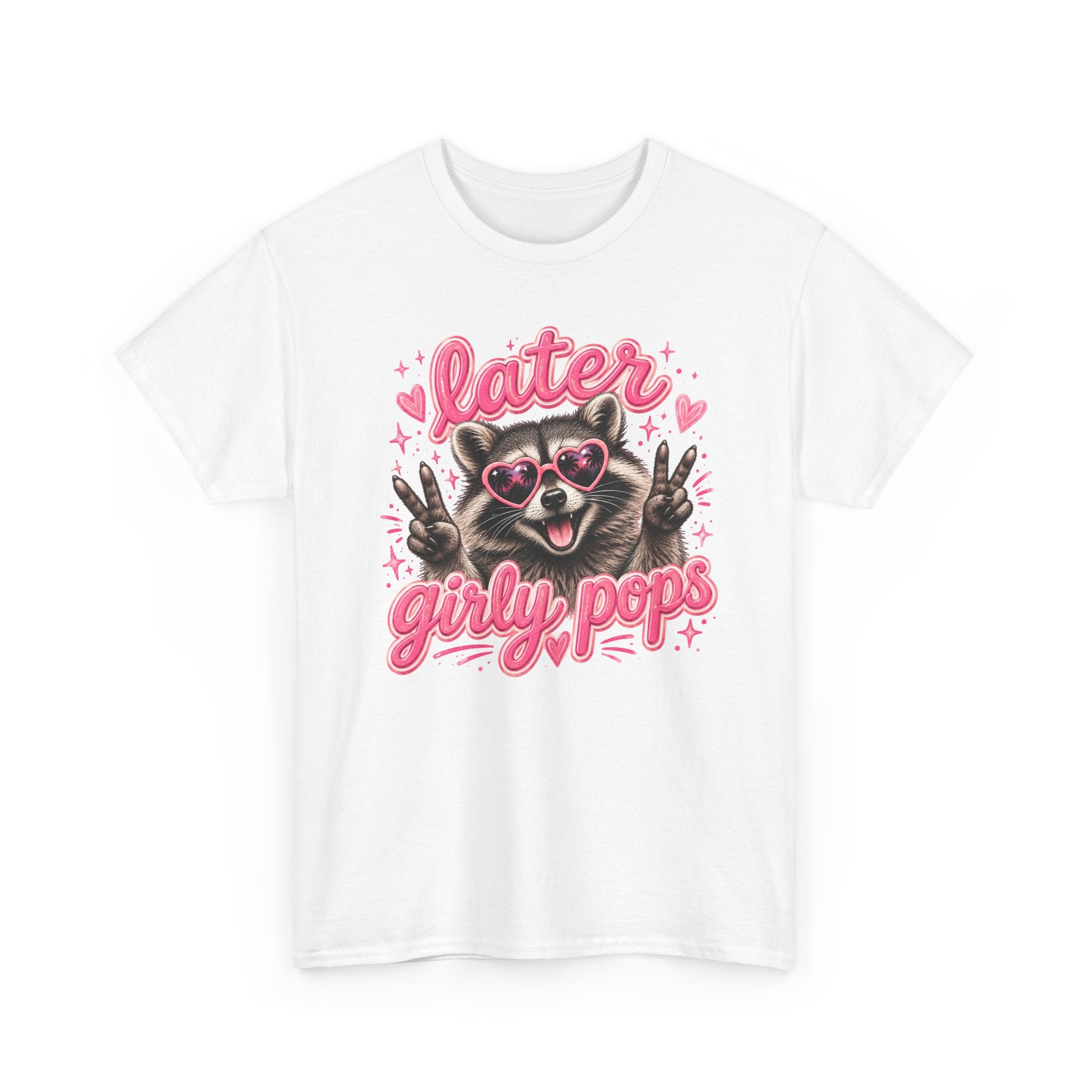Later Girly Pops Tee — Cute Raccoon Peace Sign Graphic T‑Shirt
